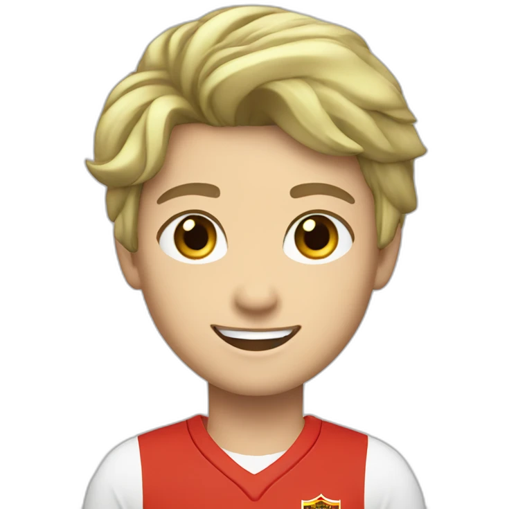A smiling white teen with a long face in red Ferrari jersey with very short black hair and light green eyes and dig cheeks emoji
