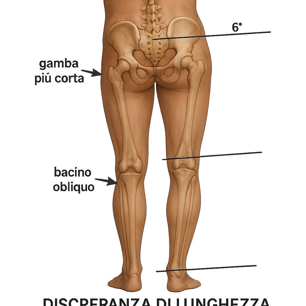 Medical style hyperrealistic posterior view highlighting the difference in leg length: one leg visibly shorter than the other, pelvis tilted for compensation. Add arrows, reference lines, and an anatomical caption in Italian to make the concept immediately understandable. Remove background. Variation 4. emoji