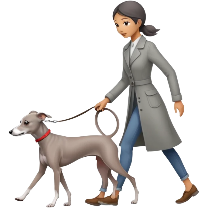 Beautiful Asian girl walking a solid grey Italian greyhound with absolutely no white markings, completely grey dog emoji