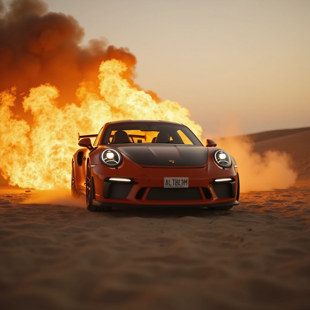 Cinematic shot, Porsche 911 gt3 rs in fire, desert, sunny day, dubai in background emoji