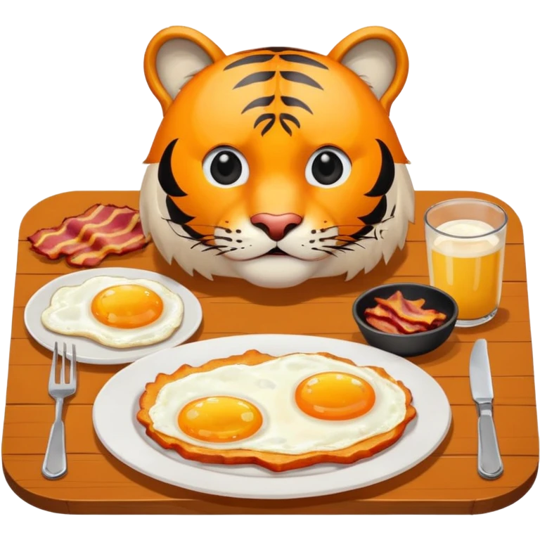 Tiger sitting at a table with a plate of 2 eggs and bacon in front of him emoji