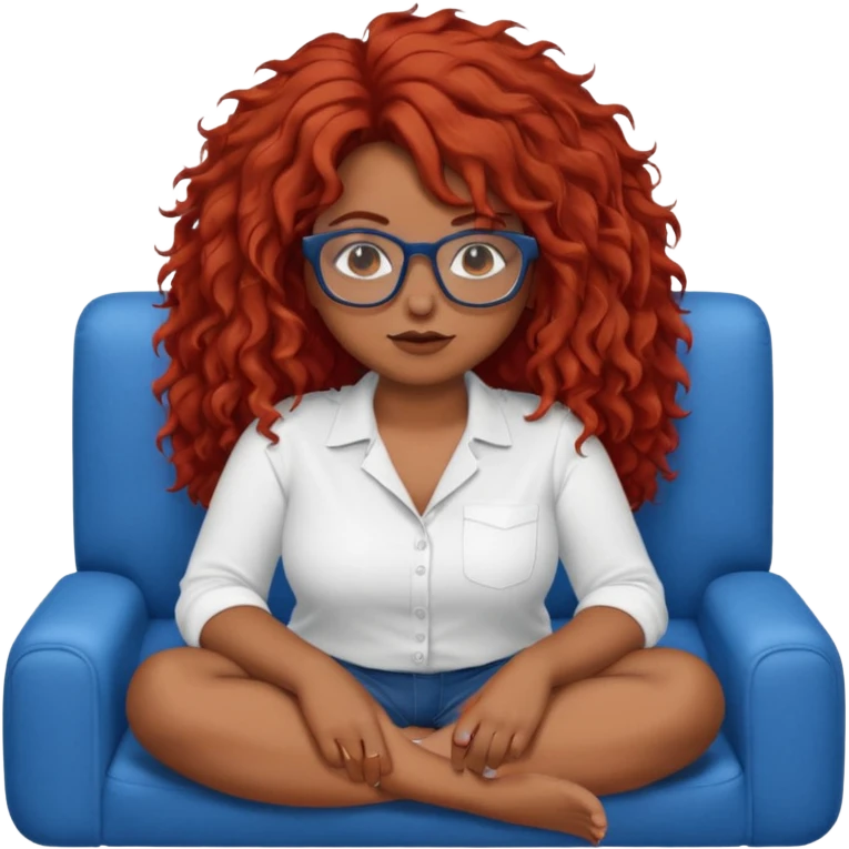 Nude white curvy woman with classes with glasses brown redy long frizzy messy hair sat on blue sofa. emoji