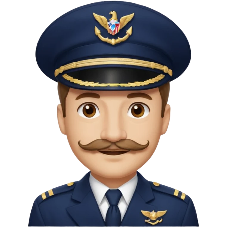 A light-skinned man with brown eyes and handlebar mustache, smiling while wearing a white captain’s hat with a navy emblem. emoji