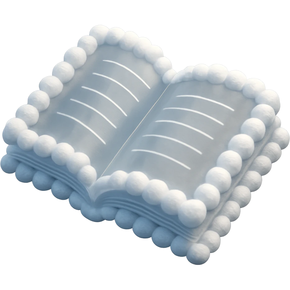 top view of a thick open book made entirely of small, very bright white fluffy convex clouds, matte glass style emoji