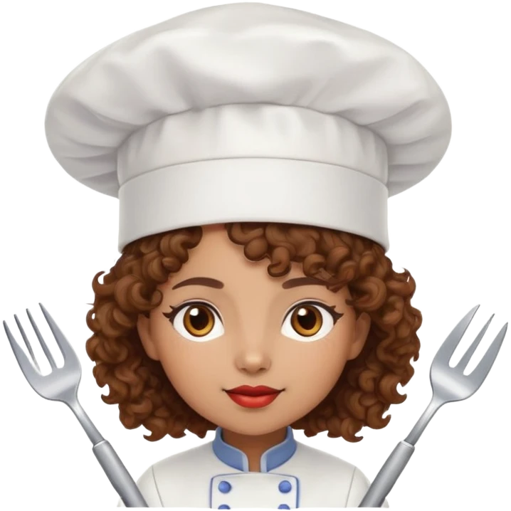Light brown skinned mixed-race female chef with medium-length curly brown hair, wearing a chef's hat (toque), with both an angel halo and devil horns on her head emoji