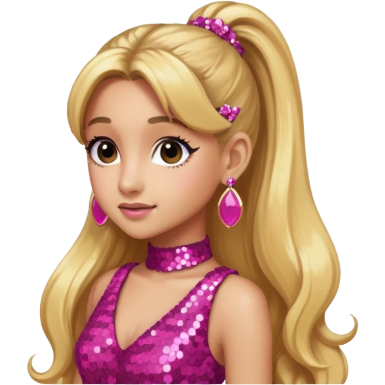 Ariana Grande with long golden blonde ponytail hair, dark pink sequin dress, pink earrings emoji