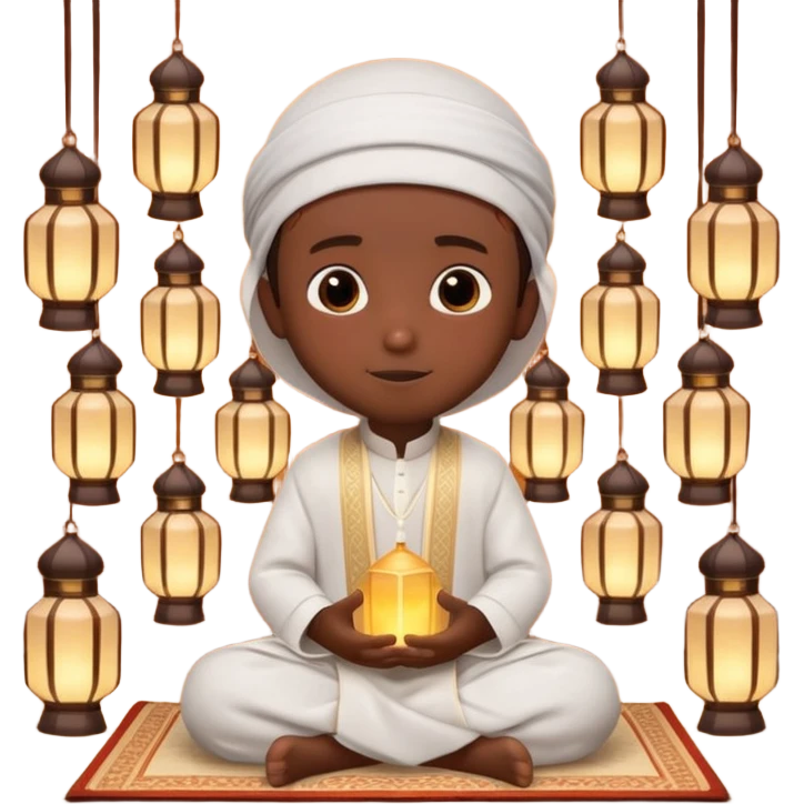Personnage 3D mignon en style Pixar, un petit garçon portant un qamis blanc et un kufi, tenant un tapis de prière, entouré de lanternes brillantes, fond doux, couleurs chaudes, garçon teint noir emoji