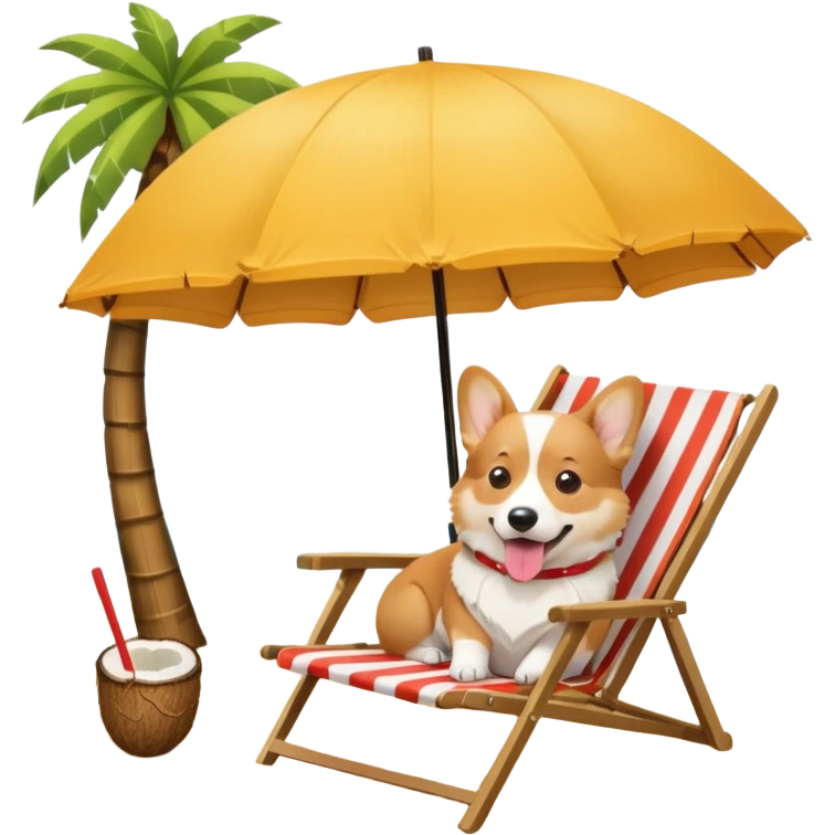 a corgi dog laied on a beach chair, a sunny beach, a sun umbrella, and beach coconut trees. the icon should capture the essence of a relaxing beach vacation with a carefree atmosphere emoji