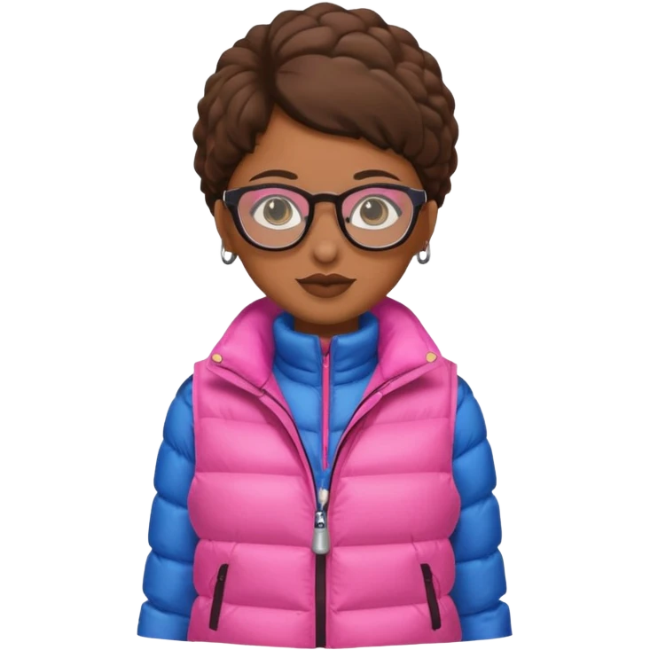 brown skin woman with glasses pink puffer vest emoji