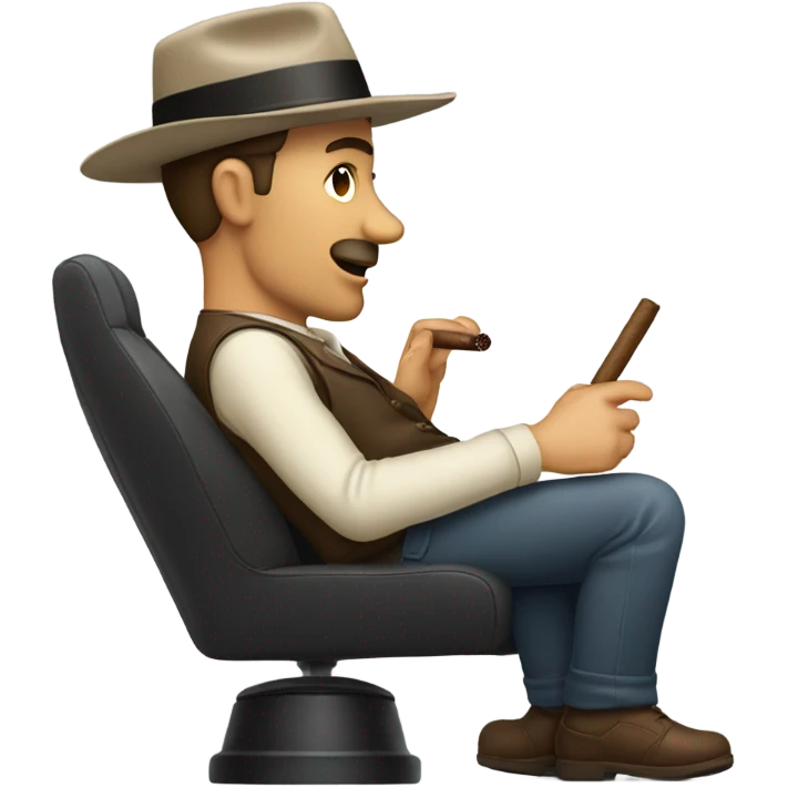 Side view of a man in the drivers seat of a car with a fedora on, smoking a cigar emoji