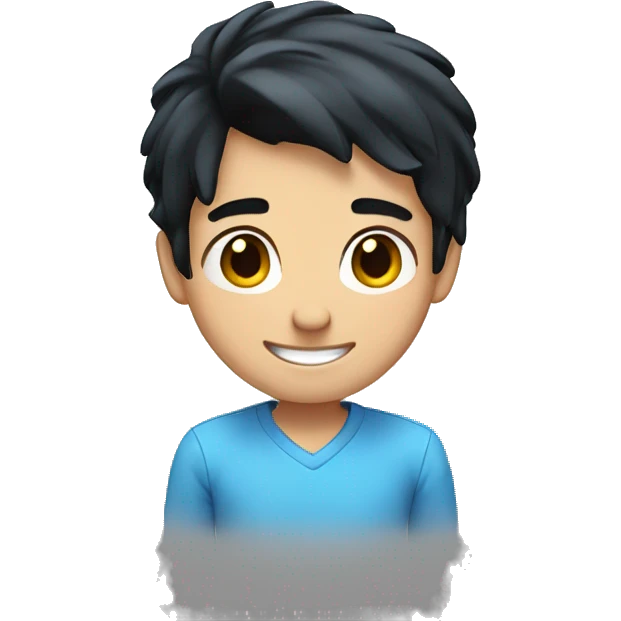 young man with a white and blue shirt, and black straight hair, with smile face emoji