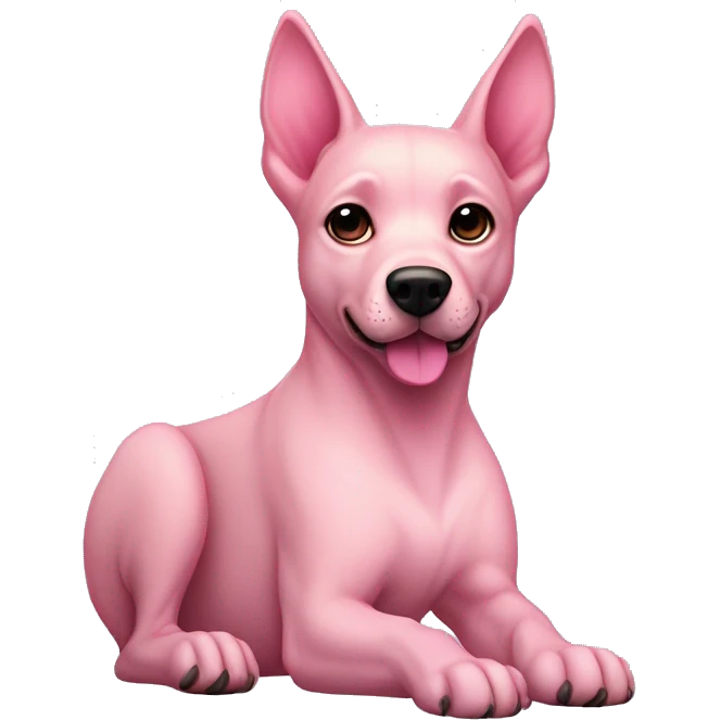 A sleek pink dog with pointed ears, a narrow snout, dark round eyes, and darker pink accents on its paws, ears, and tail. Its lean body has smooth, velvety fur and pale pink paw pads. emoji
