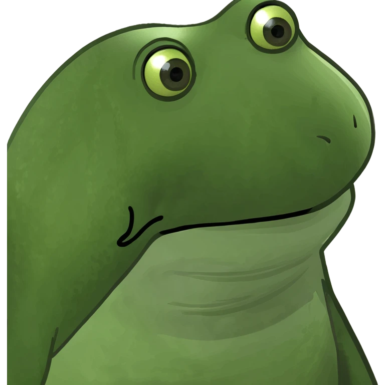 A frog sitting at a computer making a nervous face looking to the side  emoji