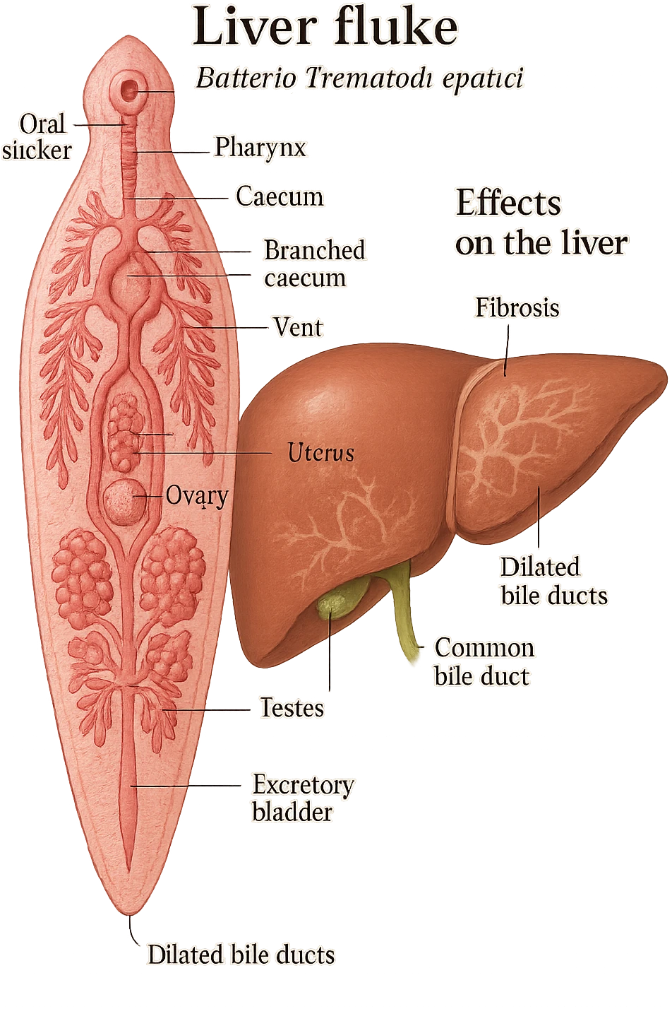 batterio Trematodi epatici (Liver fluke) stile libro di medicina emoji