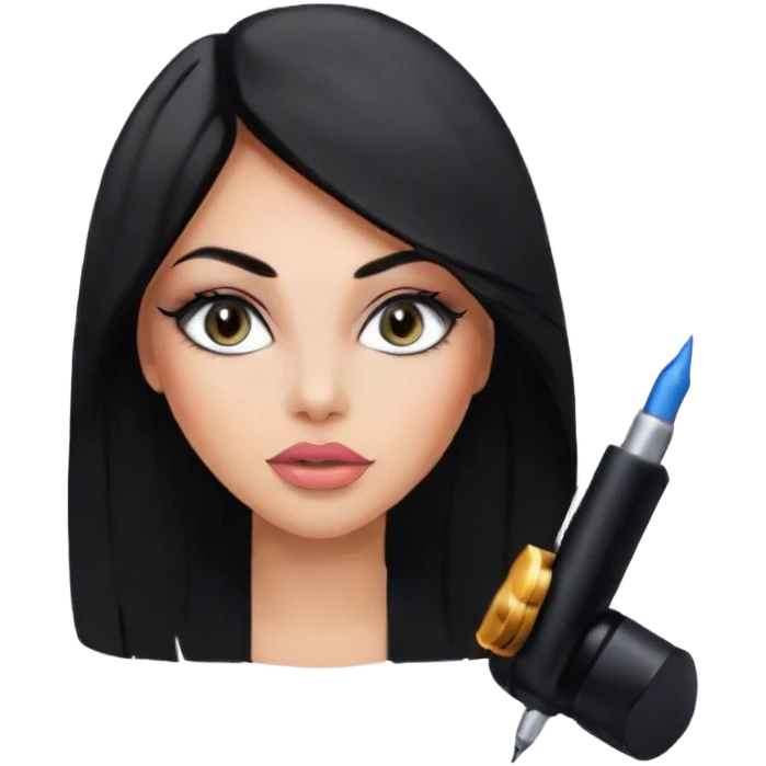 Glamours, tanned, very beautiful girl, with big pump peach-beige-rose lips, eyeliner, long lashes, black straight smooth silky long hair, straight parting hair, blue-grey eyes in black clothes for working profile emoji
