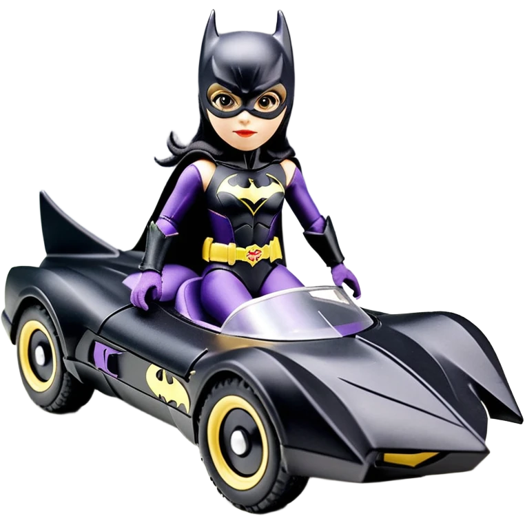 I:10 scale racing sexy fitted Batgirl’s buxom minimalist armored midnight-colored tight outfit 1970’s tv style dark knight stealthy accurate sporty safe plush deluxe off-road pursuit drifting F1 town car (black hair, shoulders back against seat) rally vehicle  emoji