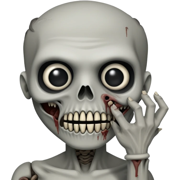 Super idol as hostile SCP-096 zombie with very small almost camouflaged pupils facing down and the upper face is grayish white and whitish gray while the lower jaw and rest of the body including hand and arm is just grayish black emoji