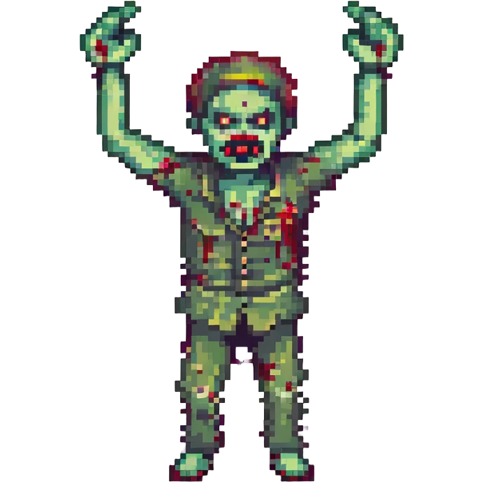 an angry zombie, arms up, bloody and crooked, normal human bodily proportions emoji