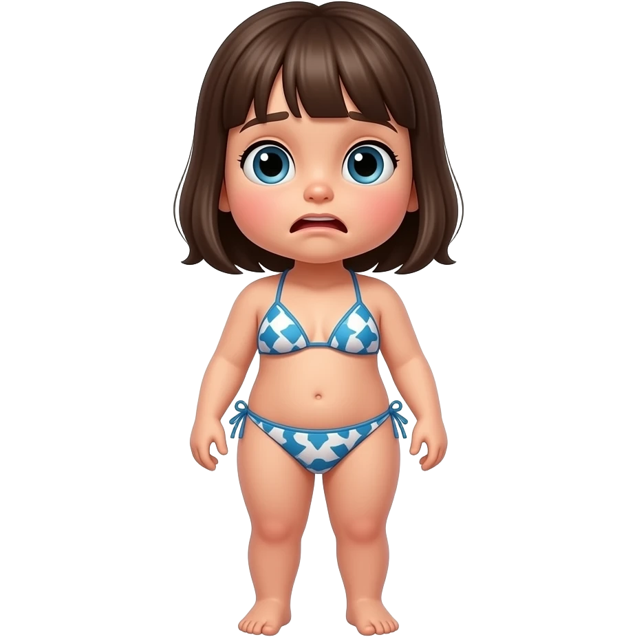 full-bodied standing slim young child girl wearing bikini and hungry emoji