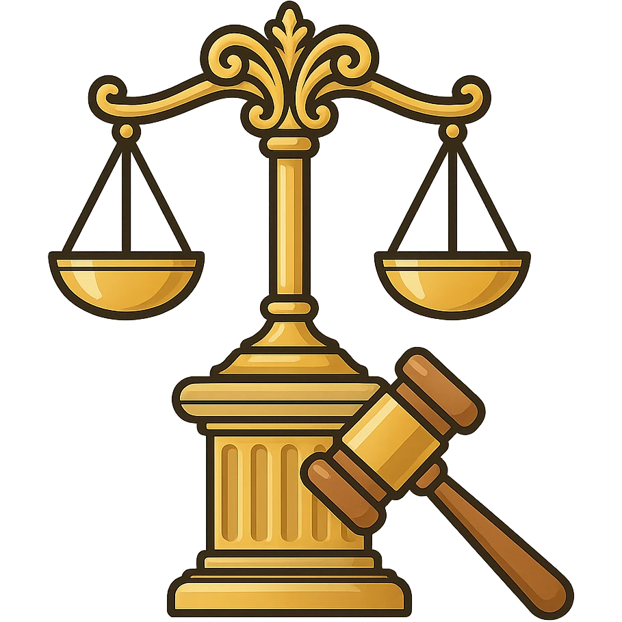 Vector illustration of a classic symbol of law (e.g. scales of justice, gavel, courthouse column), designed with elegant and refined lines. Include intricate golden detailing, soft gradients for a polished metallic look, and realistic shadows and highlights for depth. Style should be clean and professional, with a modern yet timeless feel. Transparent background emoji