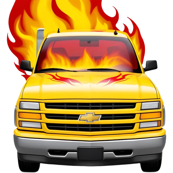 1997 yellow Chevrolet Silverado with detailed custom airbrushed red flame artwork spreading across hood and front, movie-accurate Kill Bill design, 30-degree angle, iOS emoji style emoji
