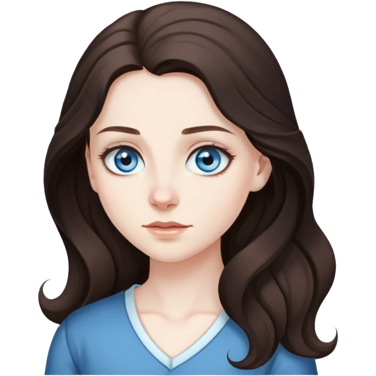 Blue eyes, dark brown hair, pale skin, long wavy hair girl with widows peak emoji