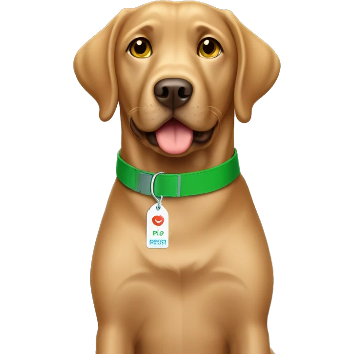 Light brown chocolate Labrador wearing green collar looking straight with name tag CHIP emoji