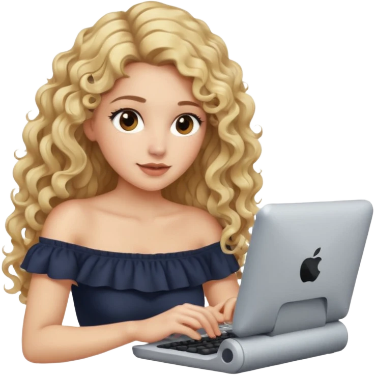 woman with long curly blond hair, brown eyes, wearing an off-shoulder top, on computer  emoji