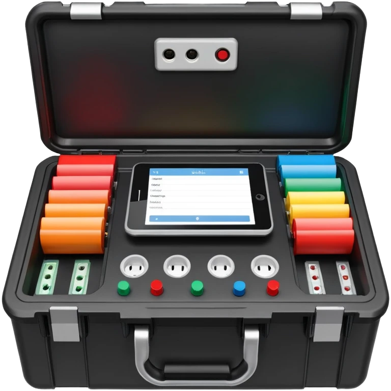 An open black hard-shell test case, inside: technical control panel, a power outlet, USB port, and colored test sockets. A large roll of white test labels lies next to the equipment, along with one red test probe. emoji