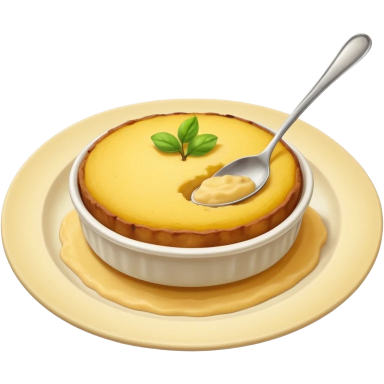 a deep dish plate with a yellowish food in it, a bit like polenta, but it is in a bit of small small lumps and very dry. with a bit of applesauce on top on the side and a spoon sticking out emoji