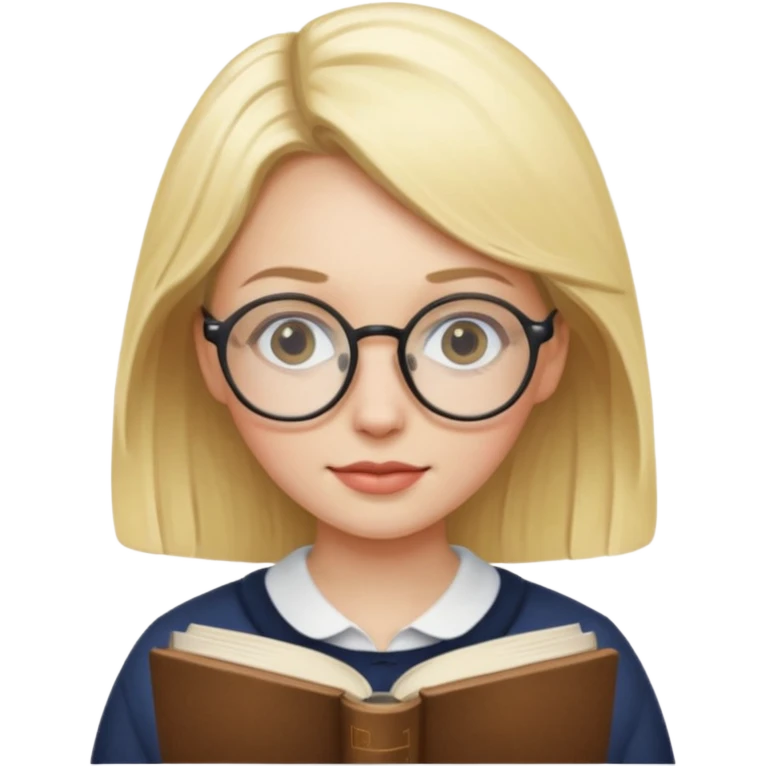 Blonde woman with round glasses and book emoji