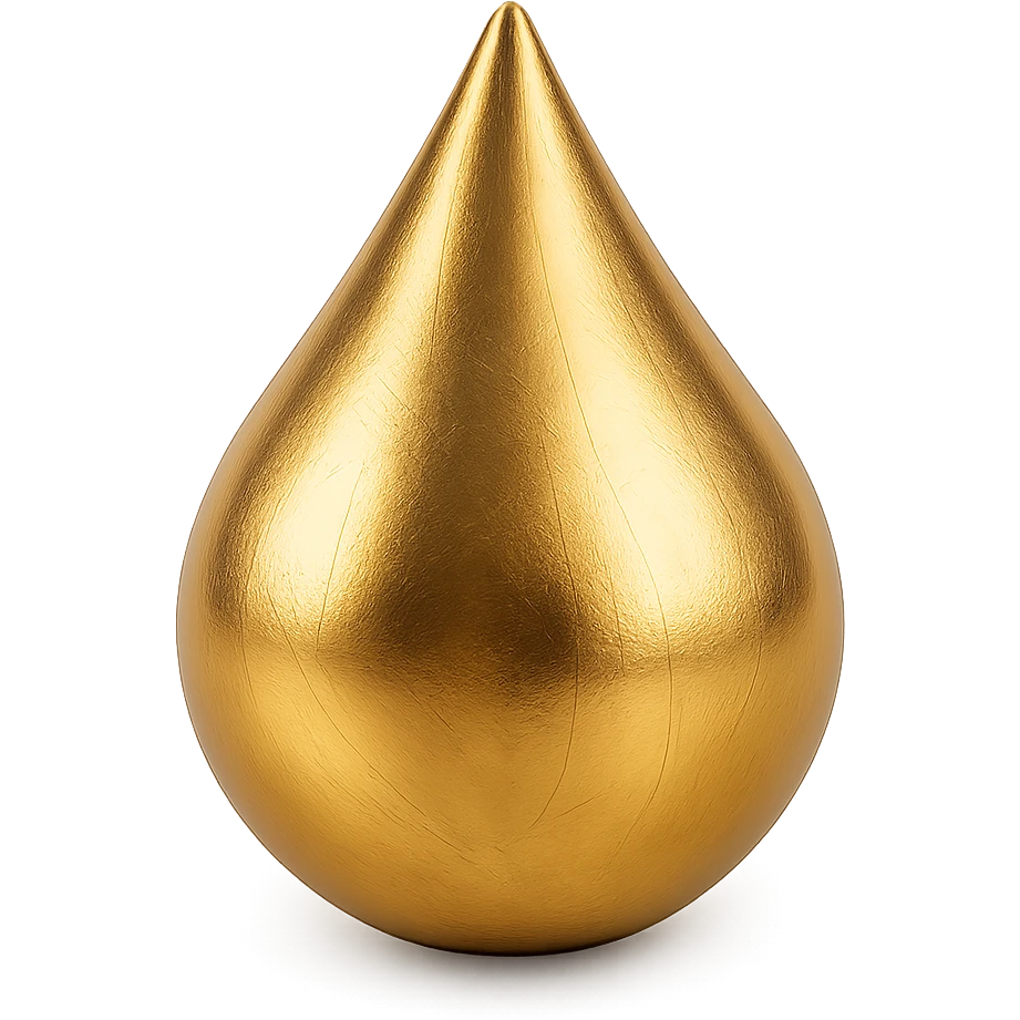 a single gold drop, shiny and metallic, gold emoji style, with a slight reflection emoji