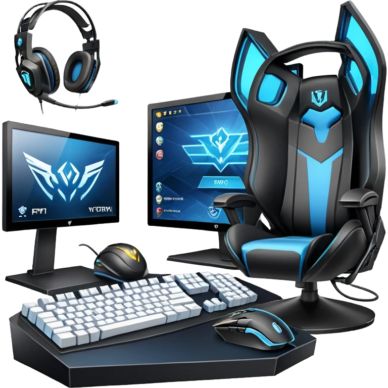 An icon featuring a gaming setup with a high-tech monitor displaying a competitive game, a keyboard, and a gaming mouse. The design includes a headset and a trophy, symbolizing victory and skill in esports. Transparent background highlights the energy and precision of professional gaming. emoji