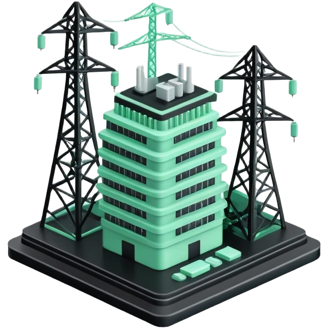 Énergie (Energy), 3D technical icon with black and mint green (#B5F4D3), energy regulatory framework with power grid schematics and compliance metrics emoji