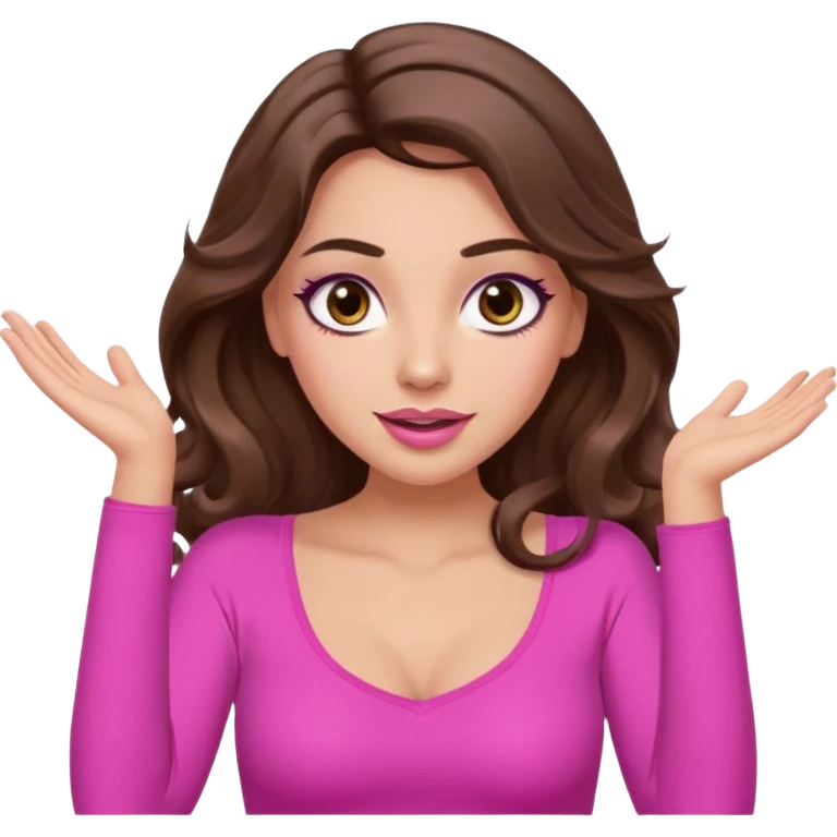 girl with long wavy brown hair, brown eyes, long lashes makeup, sexy pink lips, light to medium complexion, pink sexy top, two hands up, shrugging, confused emoji