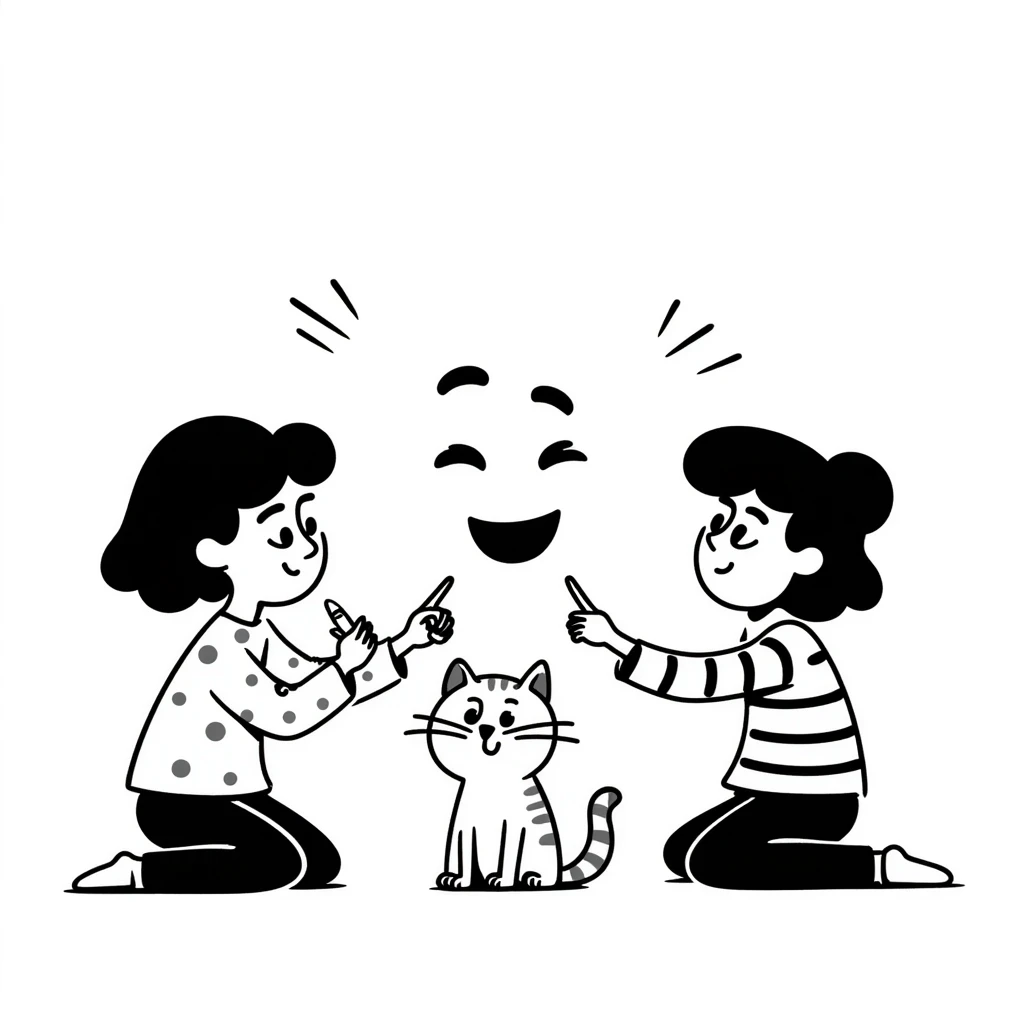 two girls and a cat drawing an emoji, hand-drawn doodle style emoji