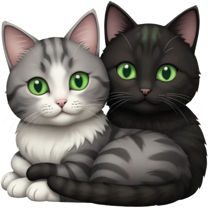 1 grey cat with pastal green eyes and 1 black with green eyes cat cuddling emoji