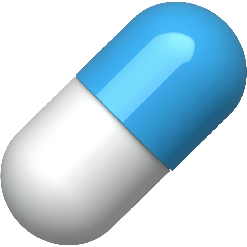 A pill emoji where one of the colors is white and the other is blue. the pill is tilted to the right emoji
