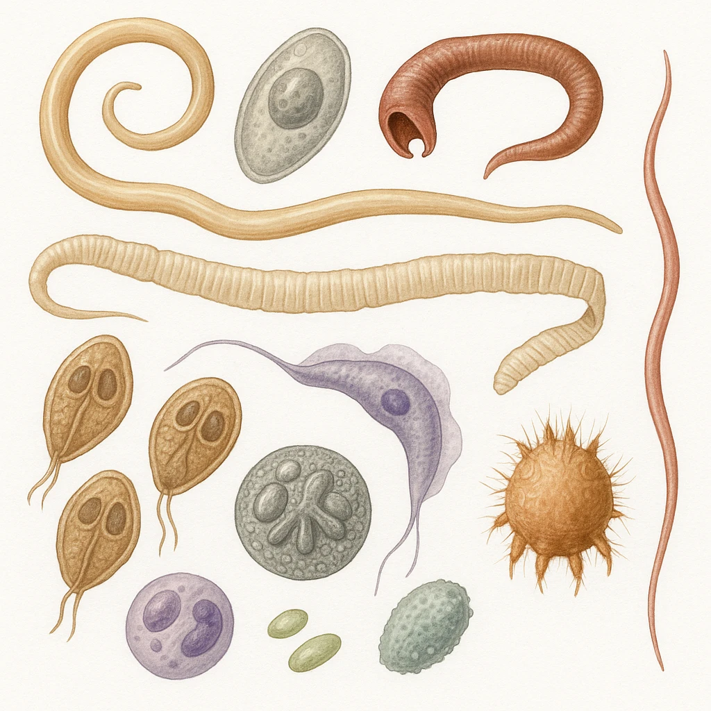 realistic illustration of various parasites including intestinal worms, protozoa, microscopic parasites, scientific style, detailed and clear, white background emoji