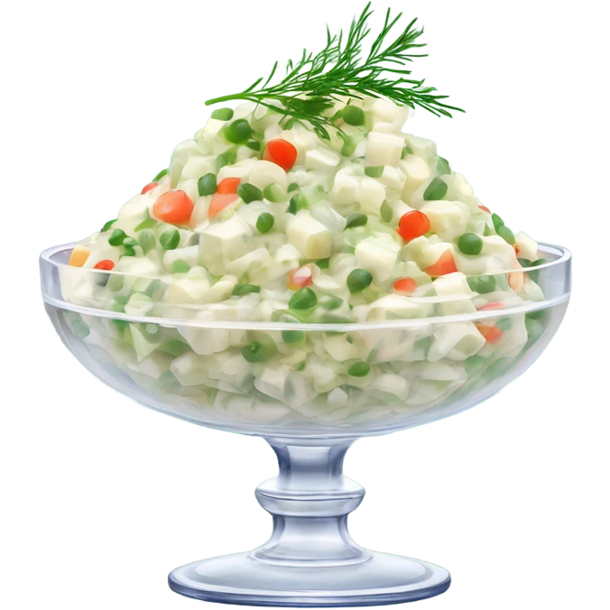 russian salad olivier on a crystal bowl, dill on top of a dish, view from the side  emoji