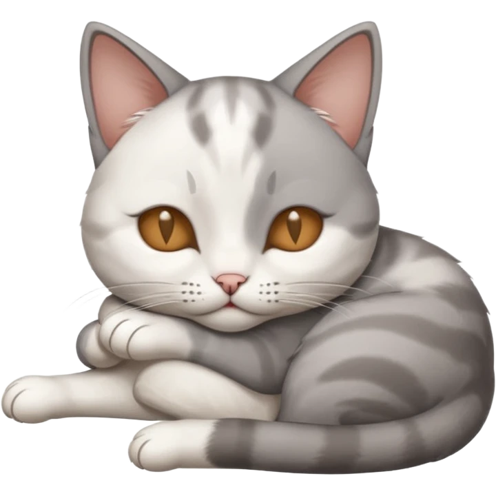 grey and white small cat with its eyes closed lying down with its head resting own paw emoji