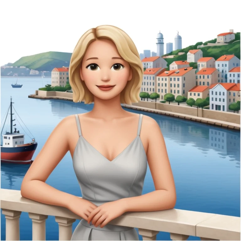 jennifer lawrence, leaning on a balcony with a harbor and cityscape in the background, smiling, closeup portrait  emoji