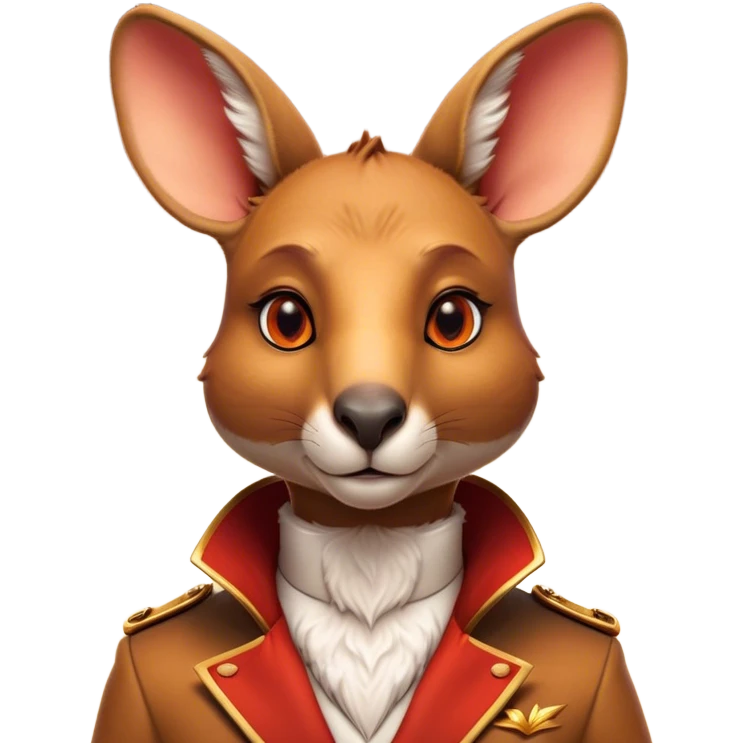 Cinematic Noble Kangaroo Portrait Emoji, Poised and regal, with a powerful, muscular build and a sleek, well-groomed fur of warm red-orange hues, deep-set soulful amber eyes and a strong tail, Simplified yet sharp and sophisticated features, highly detailed, glowing with a warm, dignified glow, high shine, intelligent and athletic, stylized with an air of outback majesty, focused and attentive, soft glowing outline, capturing the essence of a watchful and confident marsupial, so majestic it feels as though it could bound out of the screen with effortless authority! emoji