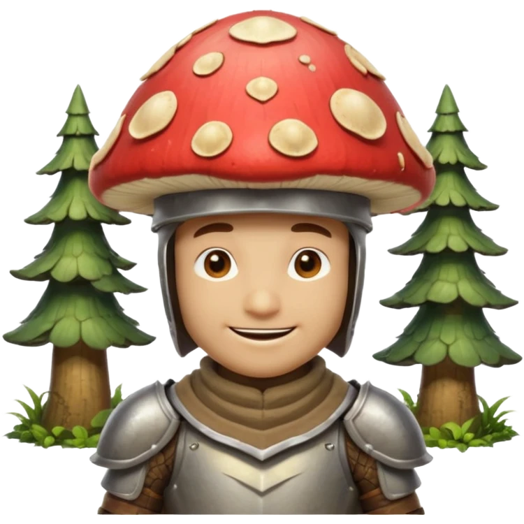 mushroom knight portrait, head and shoulders only, helmet made entirely of a large mushroom cap, textured mushroom surface, tiny fantasy armor collar, heroic smile, magical forest vibe, 3D cartoon, mobile game icon style, clean background, no text, no watermark
 
 emoji