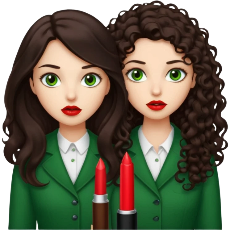 Two scornful girls, 1: long ironed straight darkbrown hair, green eyes, 2: long curly darkbrown hair, brown eyes emoji