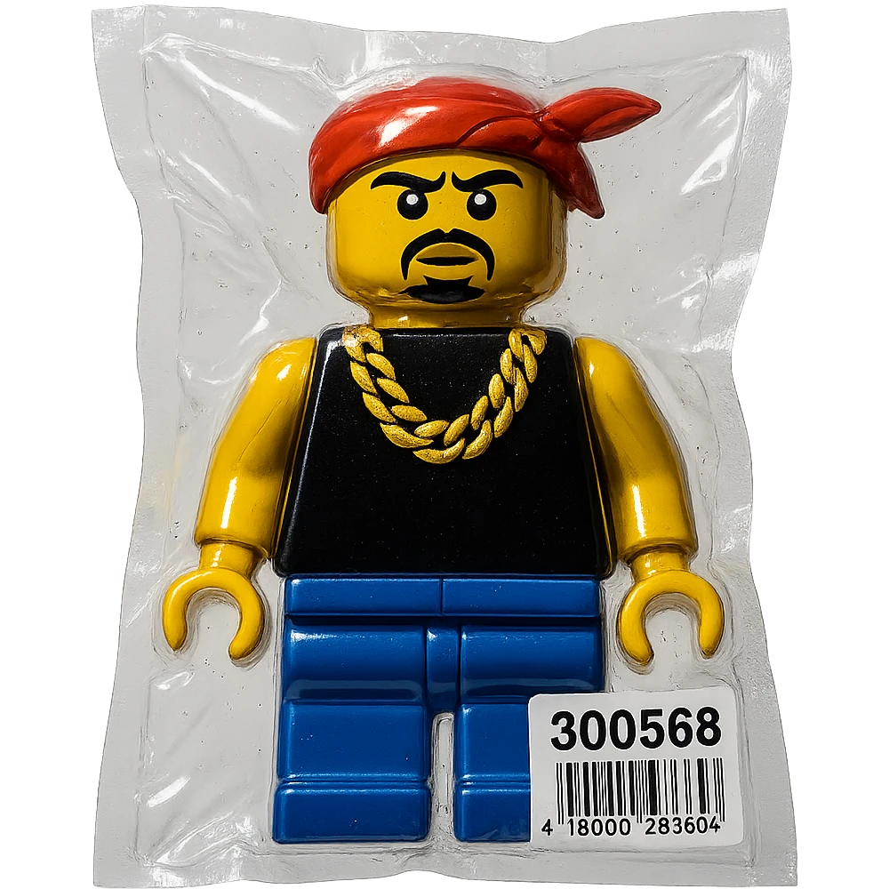 Lego character inspired by Tupac Shakur, with bandana and gold chain, shiny and inflated emoji