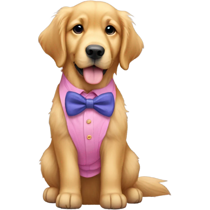 Golden retriever wearing pink pants blue jeans and purple bow tie emoji