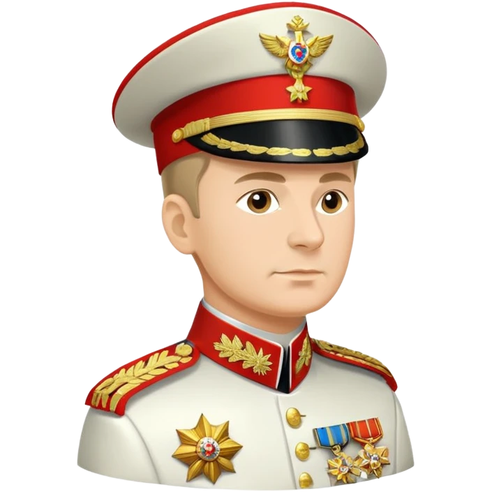 Russian military general in formal uniform with medals and epaulettes, turned slightly to the left, military hat, profile view emoji