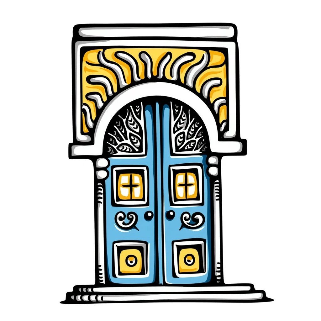 doodle of a Tunisian door with ornate patterns, blue and yellow, hand-drawn style emoji