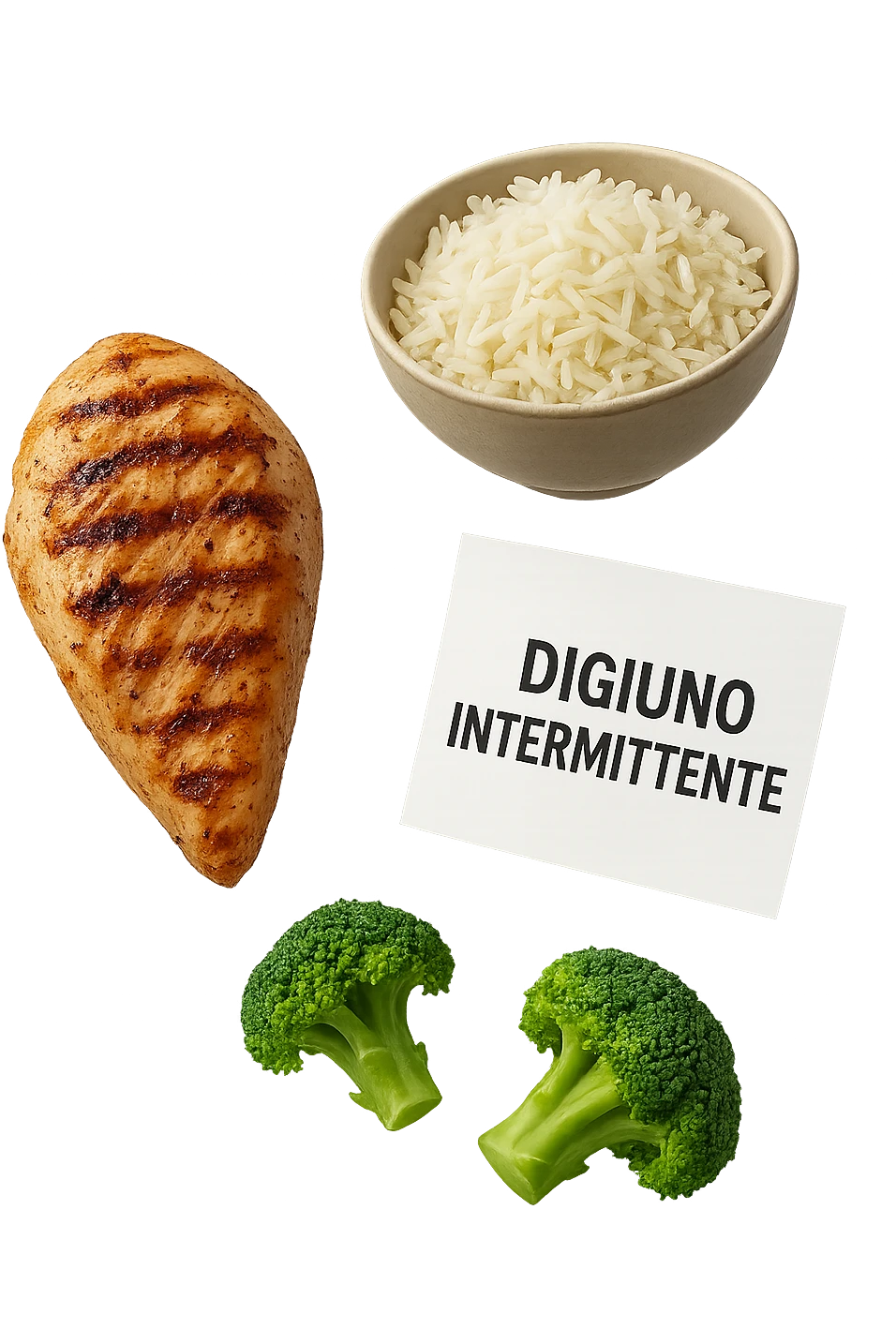 petto di pollo grigliato, bowl di riso basmati e broccoletti fluttuano in aria insieme ad un foglio con la scritta "DIGIUNO INTERMITTENTE", iperrealistico 4k emoji